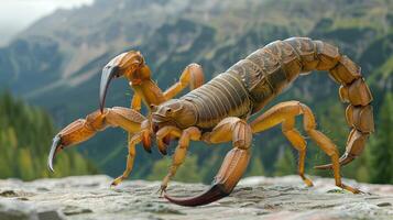 Detailed close-up of a scorpion on a rocky surface with a mountainous landscape in the background photo