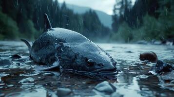 A close-up of a fish lying on a riverbed during a rainy day, surrounded by a serene forest backdrop photo
