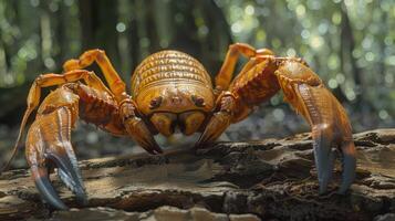 Vibrant orange crab perched on a log in a lush forest, surrounded by soft, dappled sunlight photo