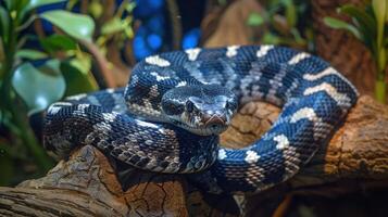 Close-up of a black and white patterned snake resting on a branch surrounded by lush greenery photo