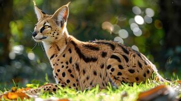 Serene serval in a sunlit garden, surrounded by vibrant foliage and soft bokeh background photo