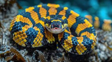 Vibrant coral reef scene featuring a strikingly colored snake coiled among corals, showcasing marine life photo