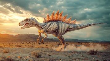A dynamic scene of a dinosaur running across a desert landscape at sunset, with dramatic clouds photo