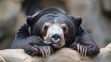 Close-up of a resting bear with prominent claws, set against a blurred natural background photo