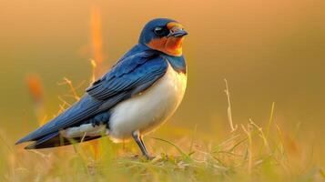 Colorful swallow bird perched on grass during sunset, showcasing vibrant plumage and serene background photo