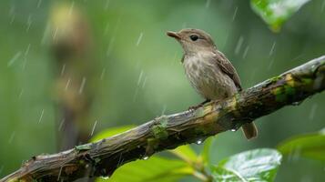Small bird perched on a branch during rain, surrounded by lush greenery and droplets photo