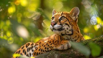 Majestic jaguar resting on a branch amidst vibrant green foliage in a lush jungle setting photo