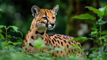 A close-up of a serval cat in a lush green forest, showcasing its striking coat and alert expression photo
