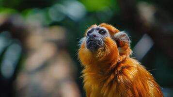 Golden monkey gazing upwards amidst a lush green environment, capturing a moment of curiosity photo