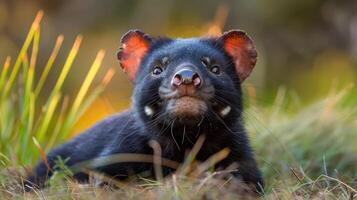 Close-up of a Tasmanian devil in a natural setting, showcasing its playful demeanor among grass photo