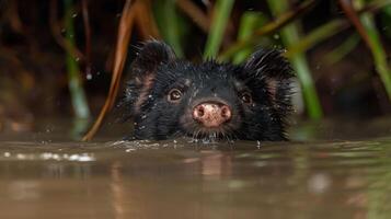 A close-up of a black animal emerging from water surrounded by lush greenery, showcasing nature photo
