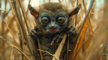 Close-up of a curious tarsier peeking through golden grass in a lush tropical environment photo