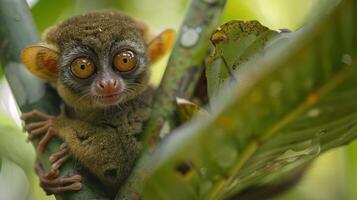Close-up of a curious primate perched on a branch in a lush, vibrant jungle setting photo