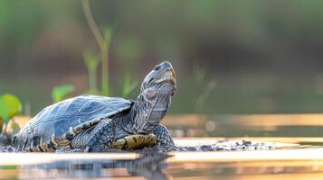 A serene turtle basking on a log in a tranquil pond surrounded by lush greenery photo