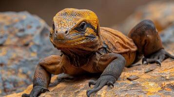 Close-up of a vibrant lizard perched on textured rocks in a natural habitat, showcasing its unique features photo