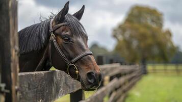 Majestic horse peering over a wooden fence in a serene countryside setting with trees photo