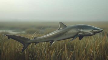 A realistic depiction of a shark swimming through tall grasses in a misty marshland photo