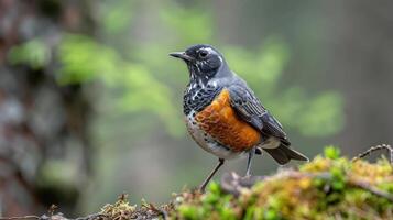 A vibrant bird perched on a mossy log in a lush forest, showcasing nature's beauty and tranquility photo