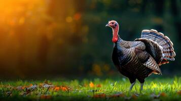 Wild turkey walking gracefully in a sunlit forest clearing surrounded by autumn foliage photo