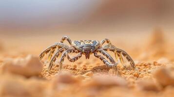 Close-up of a spider crawling on sandy terrain with a blurred desert background photo