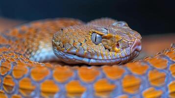 Close-up of a vibrant, coiled snake showcasing intricate scales against a blurred background photo