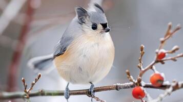A small bird perched on a snowy branch with red berries, surrounded by a winter landscape photo