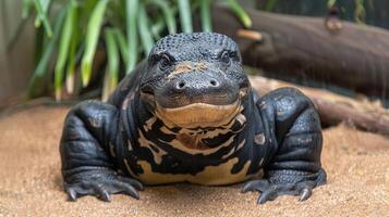 Close-up of a Komodo dragon resting on sandy ground with lush greenery in the background photo