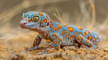 Colorful gecko crawling on sandy ground with dry grass in the background, showcasing its vibrant patterns photo