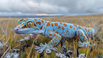 Colorful gecko resting on grass under a cloudy sky, showcasing vibrant patterns and nature photo