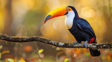 Vibrant toucan perched on a branch amidst a colorful blurred forest background photo