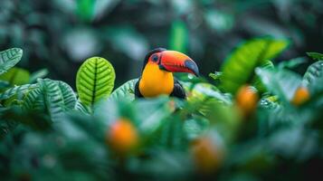 Vibrant toucan perched amidst lush tropical foliage with blurred background of green leaves photo