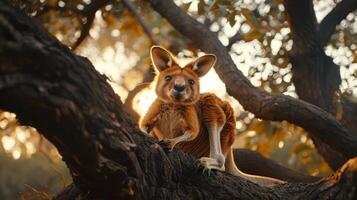A kangaroo perched on a tree branch during sunset, surrounded by a serene natural landscape photo