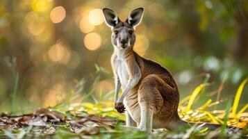 A kangaroo stands gracefully in a sunlit forest, surrounded by golden foliage and blurred backgrounds photo