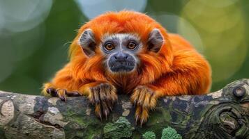 Vibrant orange monkey perched on a tree branch, surrounded by lush greenery in a serene forest photo