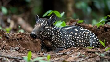 Spotted animal resting in a forested area surrounded by lush greenery and soft soil photo