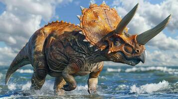 A realistic triceratops walking through shallow ocean waters under a cloudy sky photo