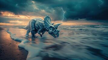 A triceratops walking along a stormy beach with waves crashing and lightning in the background photo