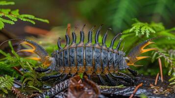 Close-up of a unique insect with spiny features crawling on wet foliage in a lush forest photo
