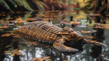 A serene scene of a prehistoric-looking turtle resting on the water's surface amidst autumn foliage photo