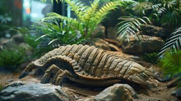 A detailed view of a prehistoric creature in a lush, green habitat, showcasing its unique features photo