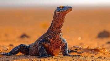A vibrant lizard basking on warm desert sands, surrounded by a serene, sunlit landscape photo