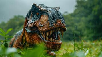 A realistic dinosaur head emerging from lush greenery during a rainstorm in a prehistoric setting photo