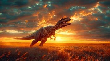 A roaring dinosaur stands majestically against a vibrant sunset in an open field photo