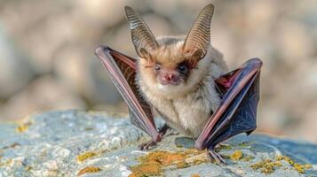 Close-up of a bat perched on a rock, showcasing its unique features against a blurred natural background photo