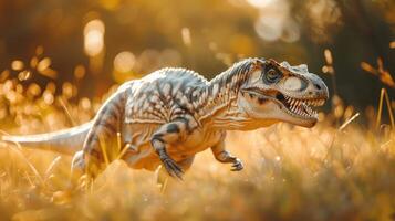 Realistic dinosaur model running through a sunlit grassy field during sunset with blurred background photo