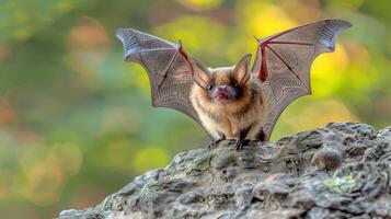 A close-up of a bat perched on a rock, with vibrant foliage in the background photo
