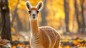A serene llama stands amidst a vibrant autumn forest, surrounded by golden foliage and soft sunlight photo
