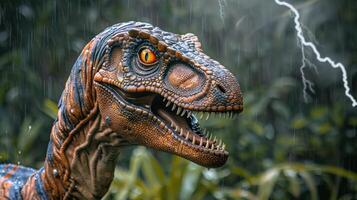 Realistic dinosaur in a stormy jungle, showcasing fierce expression amidst rain and lightning photo
