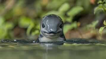 Close-up of a playful dolphin emerging from water surrounded by lush greenery and reflections photo