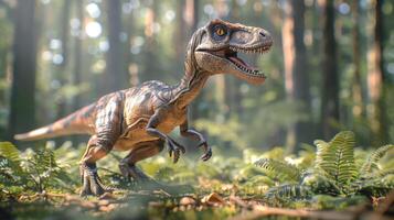 A realistic dinosaur running through a lush forest, surrounded by ferns and dappled sunlight photo
